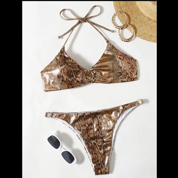 Snakeskin Metallic Halter Bikini Swimsuit - Picture 1 of 7